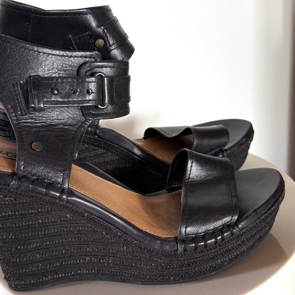 Ugg Black Leather High Heel Wedge Sandals - Picture 2 of 7